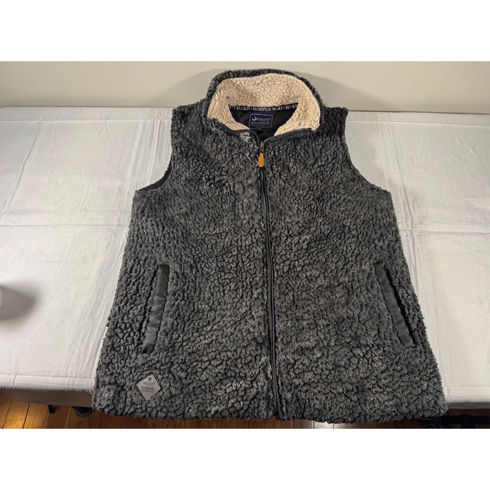 Simply Southern Sherpa Fleece Vest Charcoal Gray Full Zip Pockets Womens Medium